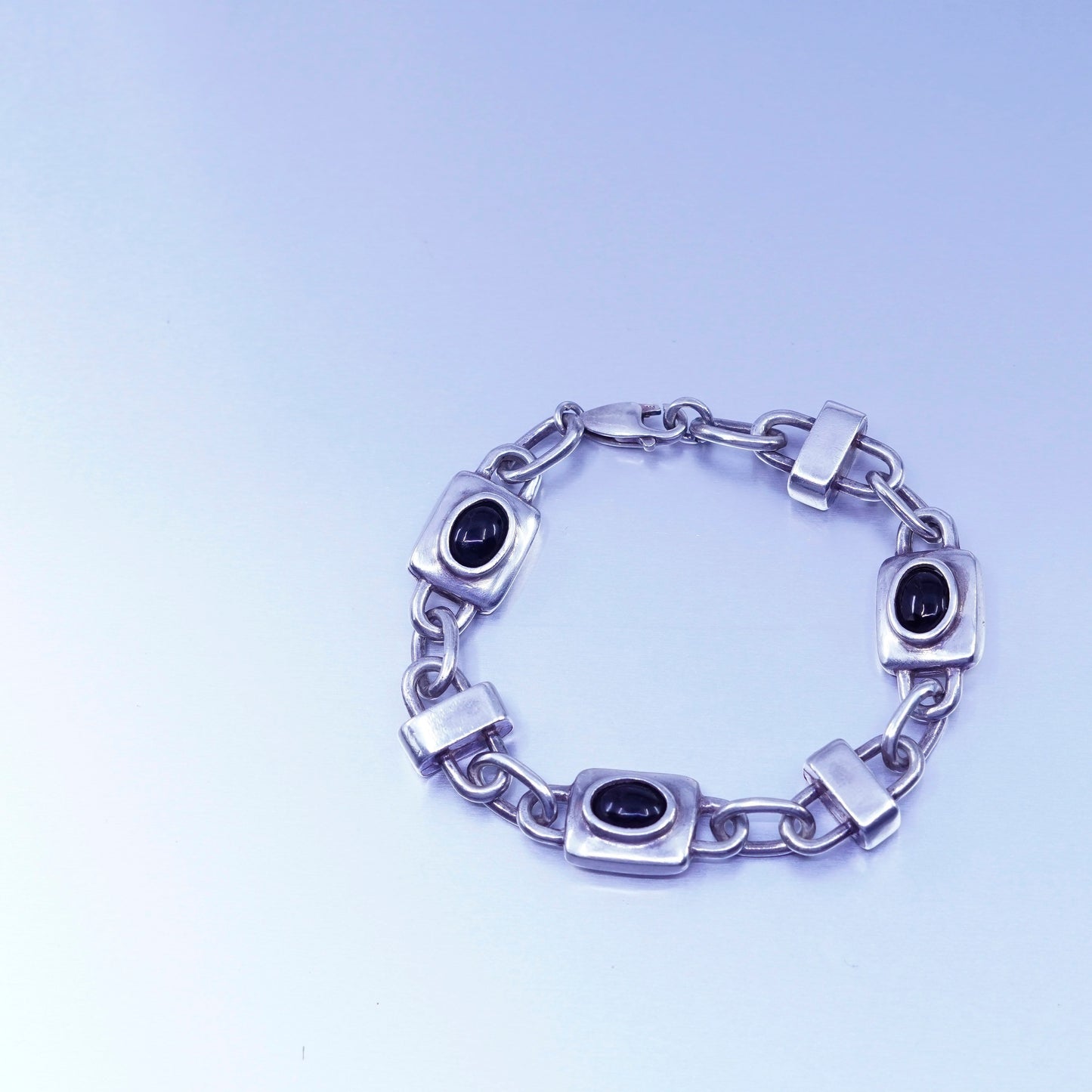6.75”, vintage Sterling 925 silver handmade bold bracelet with obsidian beads