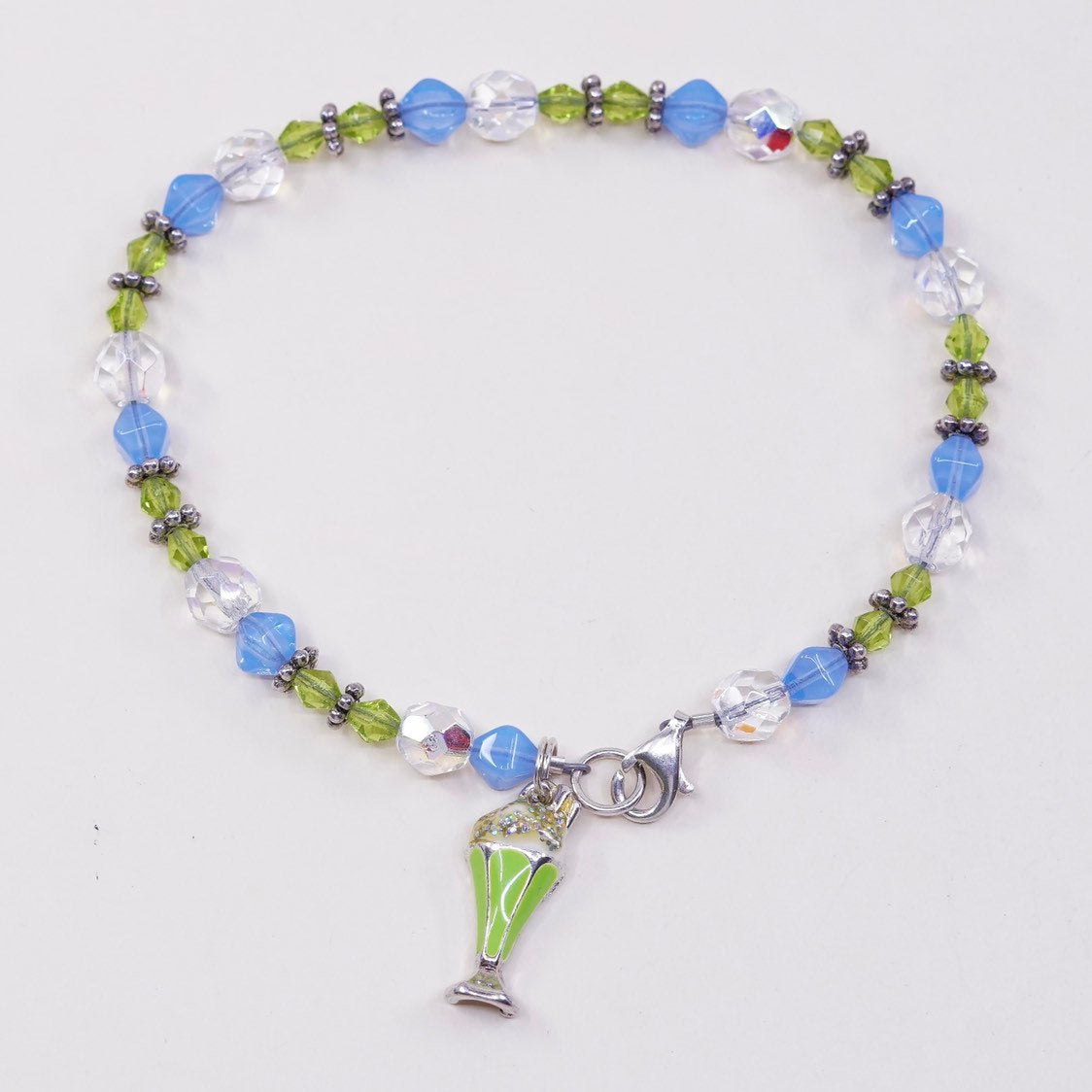 8.5", VTG Sterling 925 silver handmade bracelet crystal beads N ice cream charm