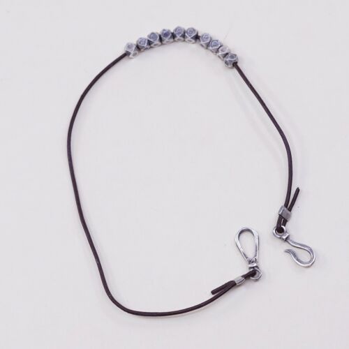 7.5”, Vtg Sterling 925 Silver Handmade Bracelet, Brown Leather Core W/ Beads