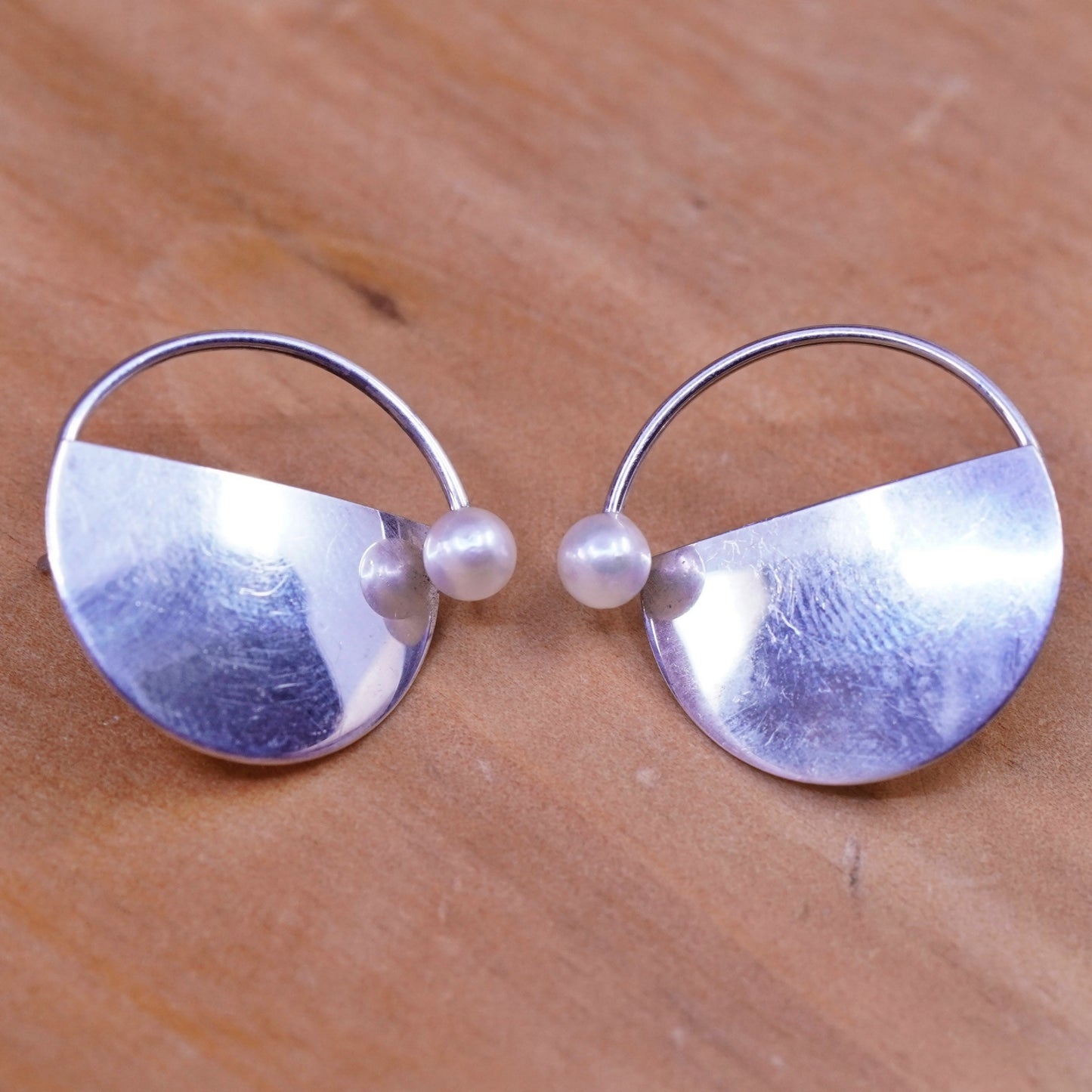 Vintage Sterling silver handmade disc studs, circle earrings with pearl