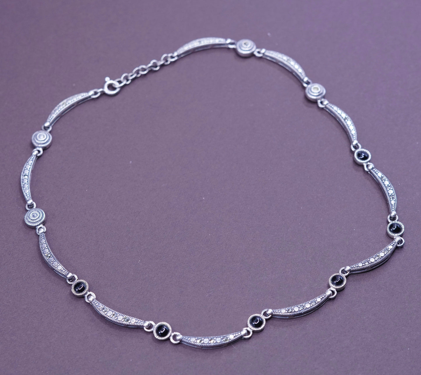 16”, vtg sterling silver necklace, 925 DNA chain w/ marcasite N obsidian