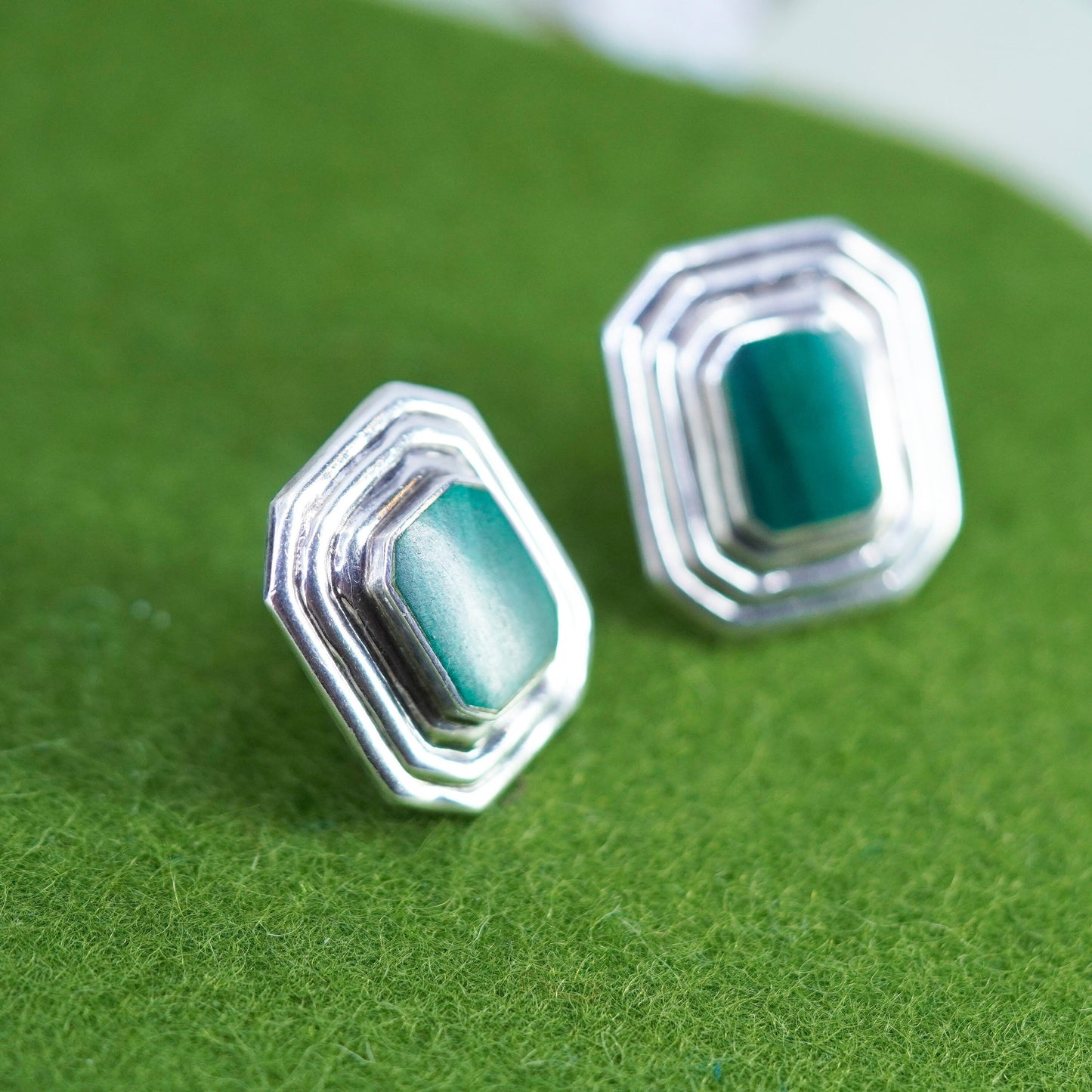 Vintage Mexico sterling silver handmade malachite earrings, 925 studs