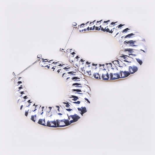 1.75”, vtg sterling silver loop earrings, primitive Ribbed puffy hoops, huggie