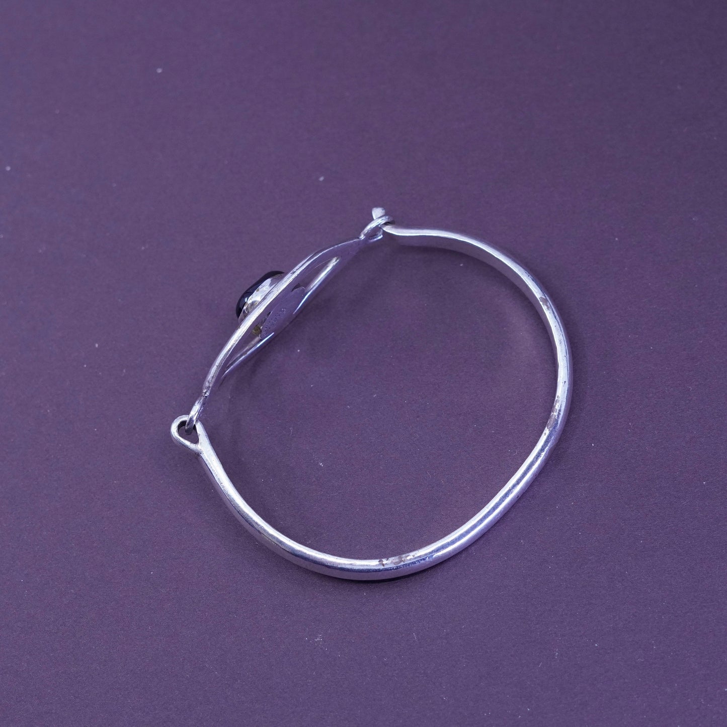 7.25”, Taxco Sterling silver bracelet, Mexico 925 hinged eye bangle w/ obsidian