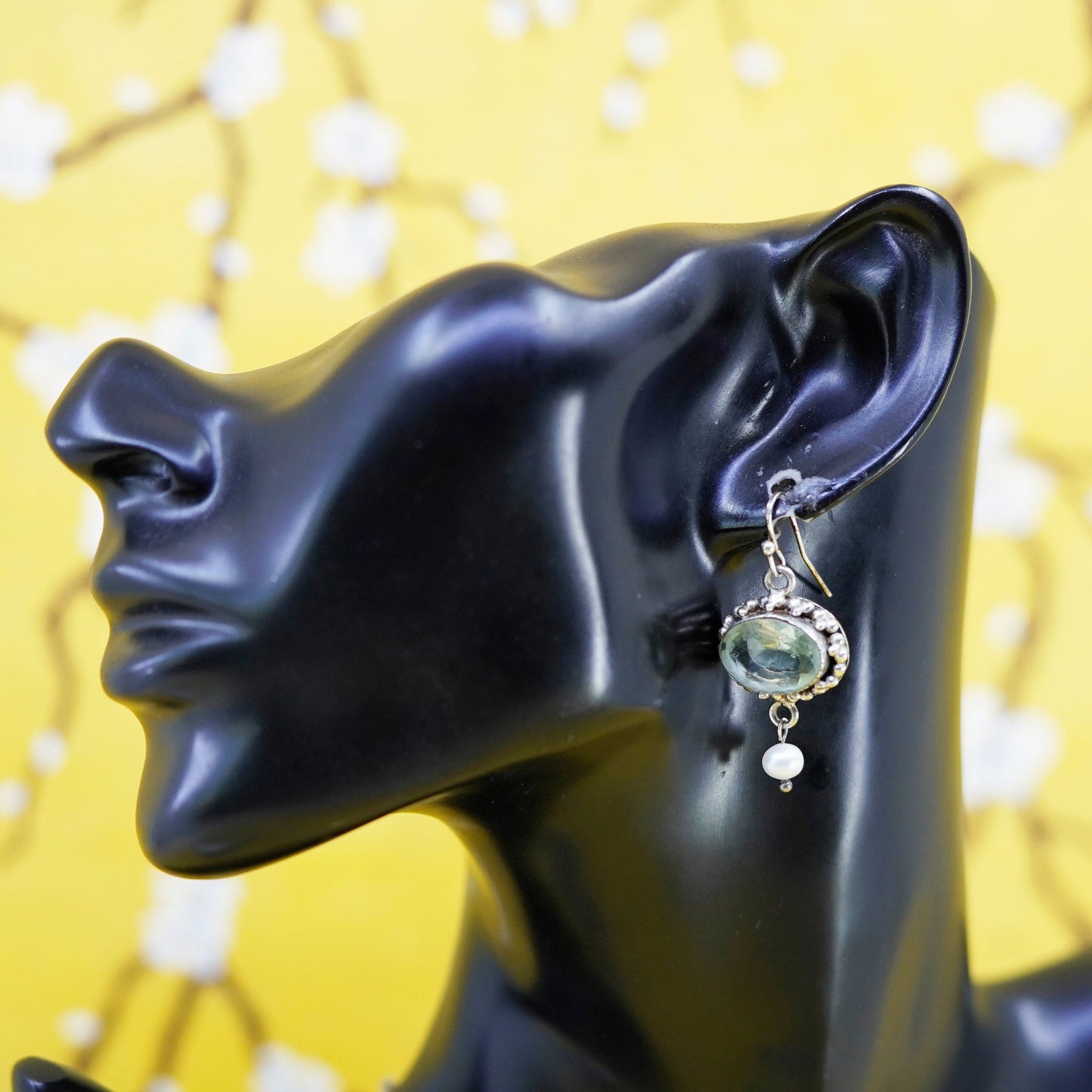 Vintage Sterling 925 silver handmade earrings with oval citrine and pearl