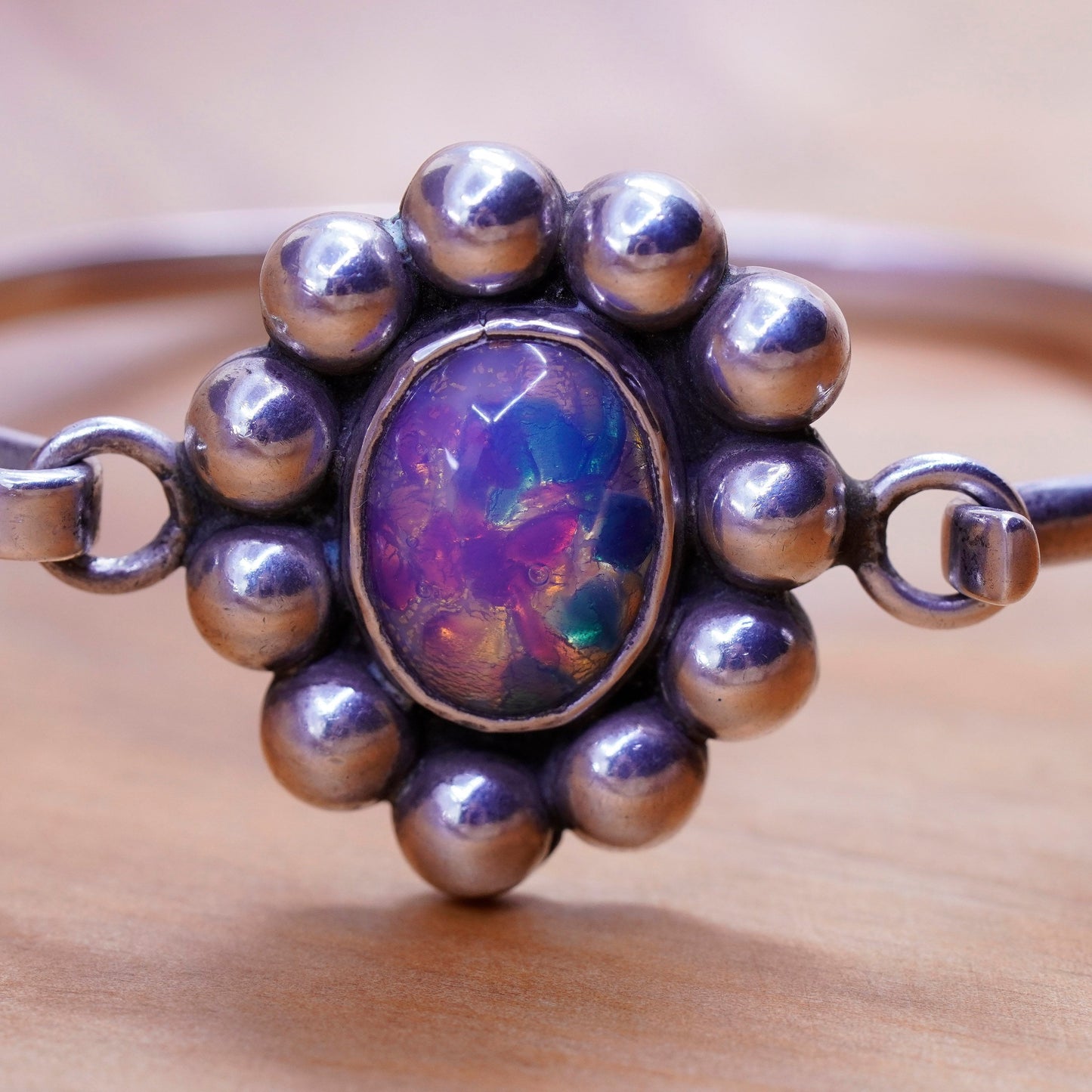 6.75”, Sterling silver bracelet, Mexico 925 hinged bangle dragon breath glass