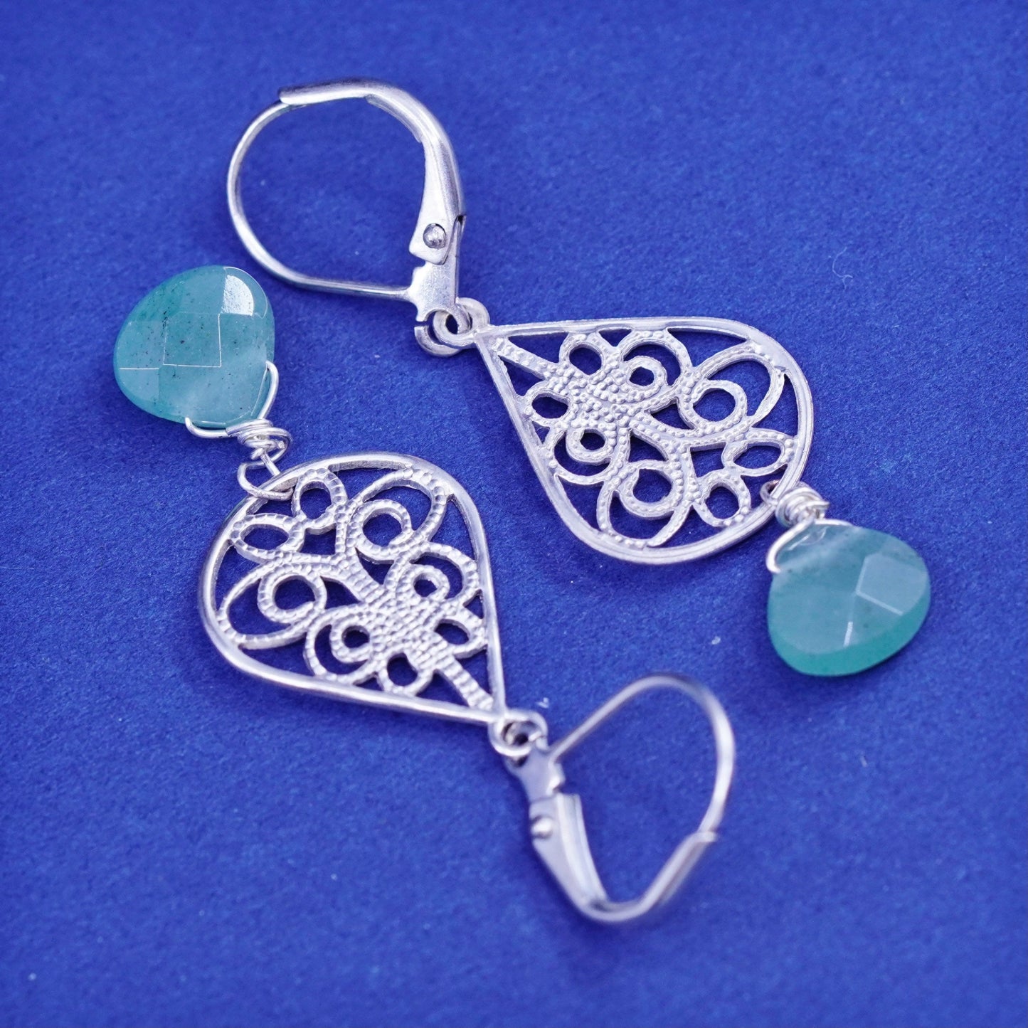 Vintage sterling 925 silver handmade filigree earrings with teardrop jade