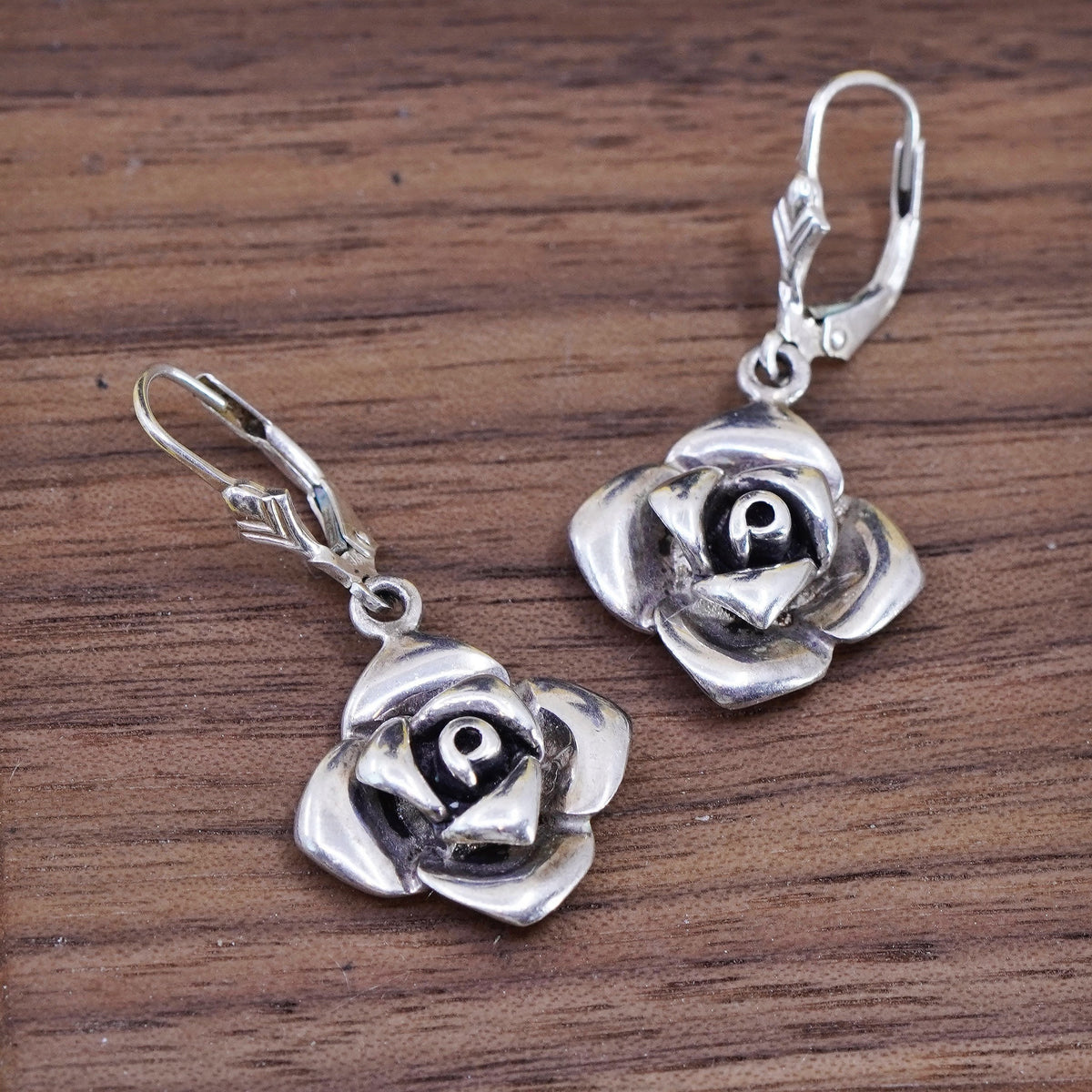Vintage Sterling silver handmade earrings, 925 rose flower drops