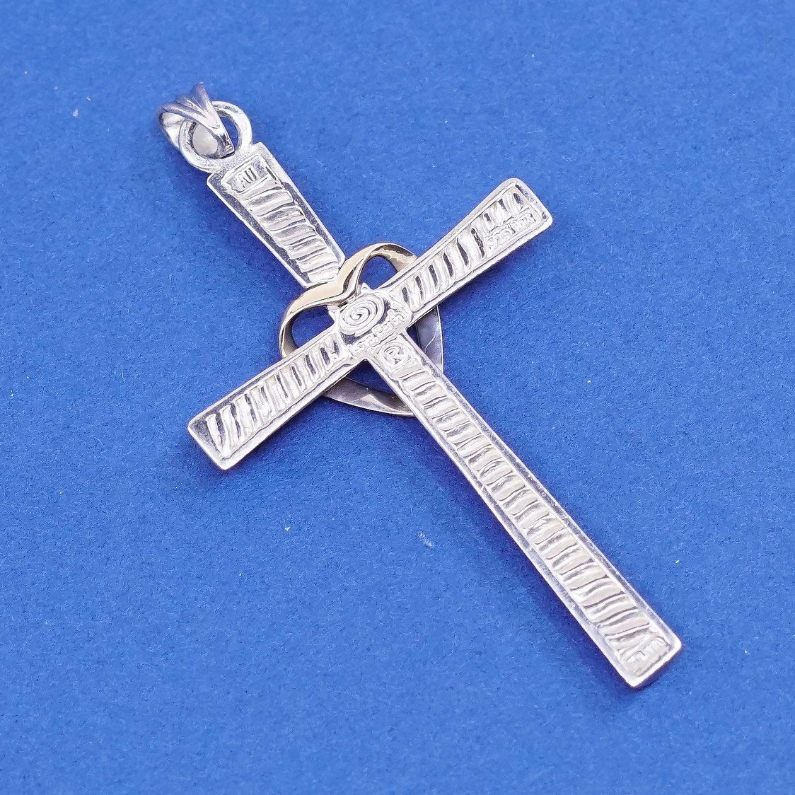vtg Love earth Sterling silver prayer pendant, 925 cross 2/ 10K gold heart