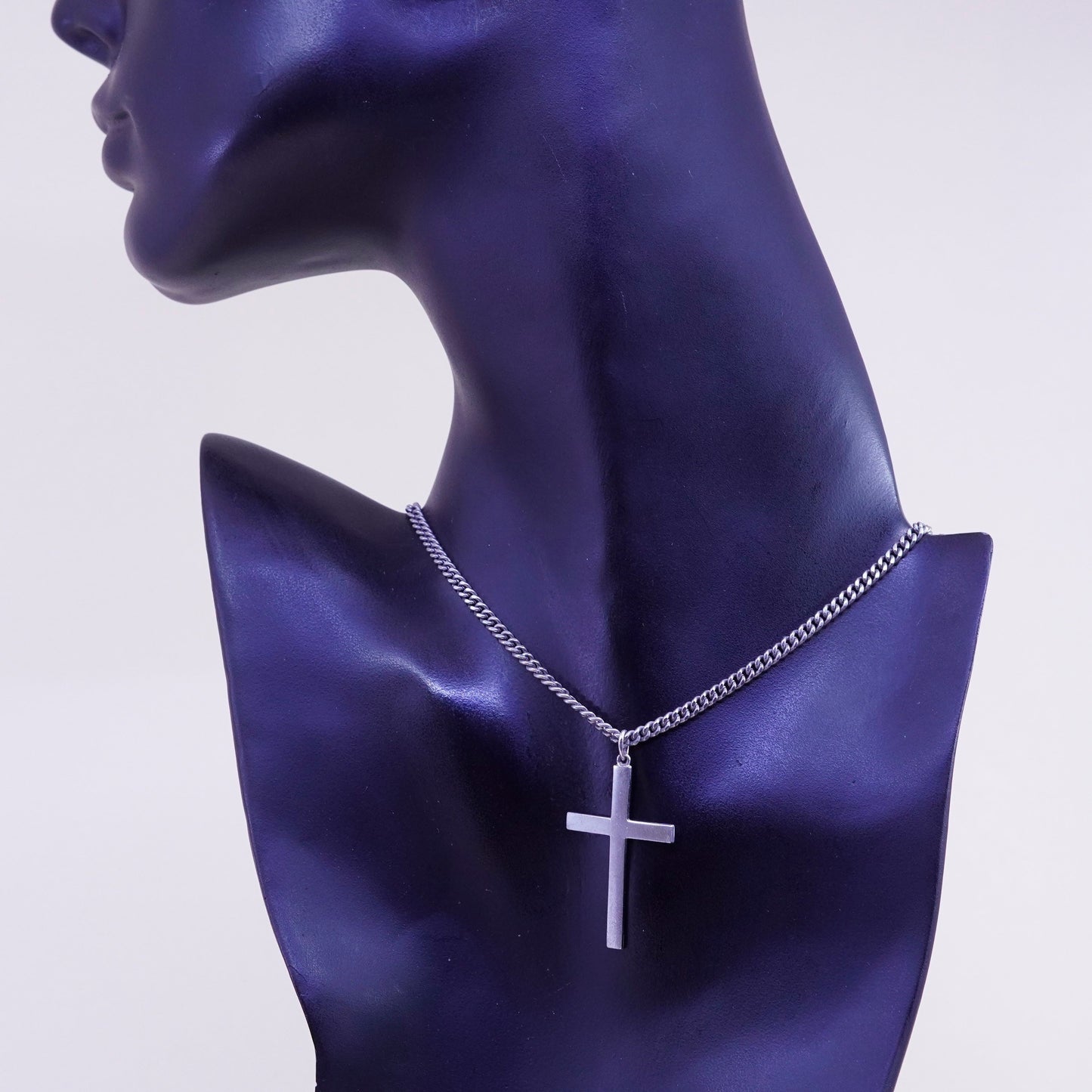 24”, 3mm, Vintage sterling 925 silver curb chain with cross pendant, necklace