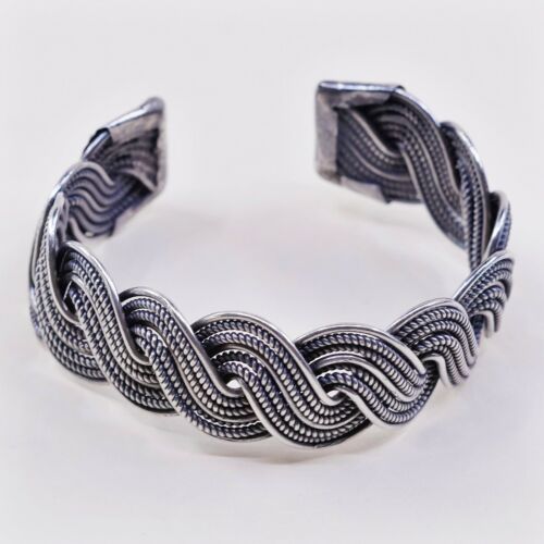 7.5”, Vtg Sterling Handmade Cuff, Southwest 925 Silver Woven Cable Bracelet