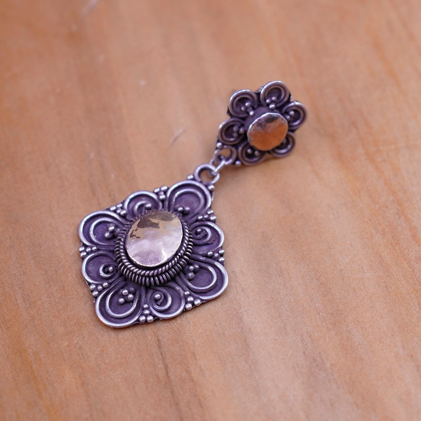 Two tone handmade sterling silver earrings, 925 floral dangle 14K accent beads