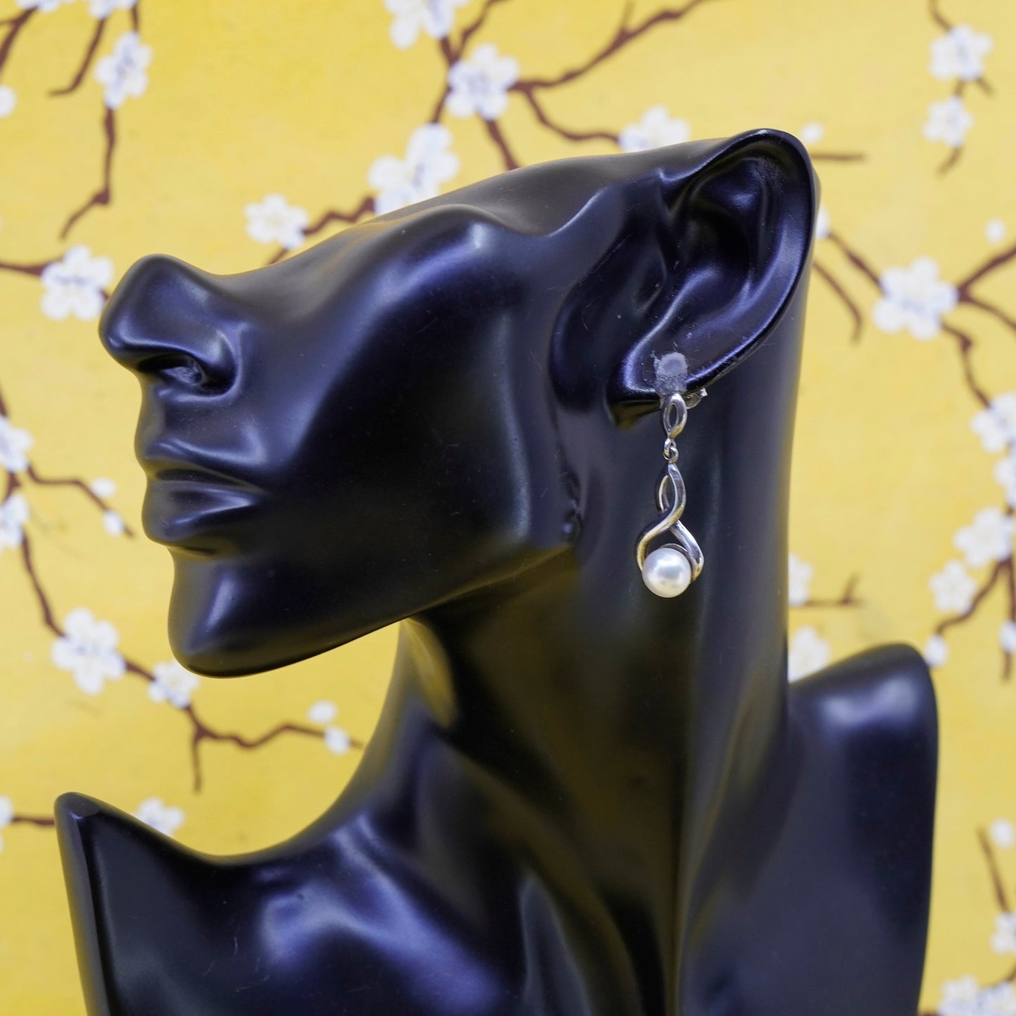 Vintage CFJ Sterling 925 silver handmade entwined earrings with pearl