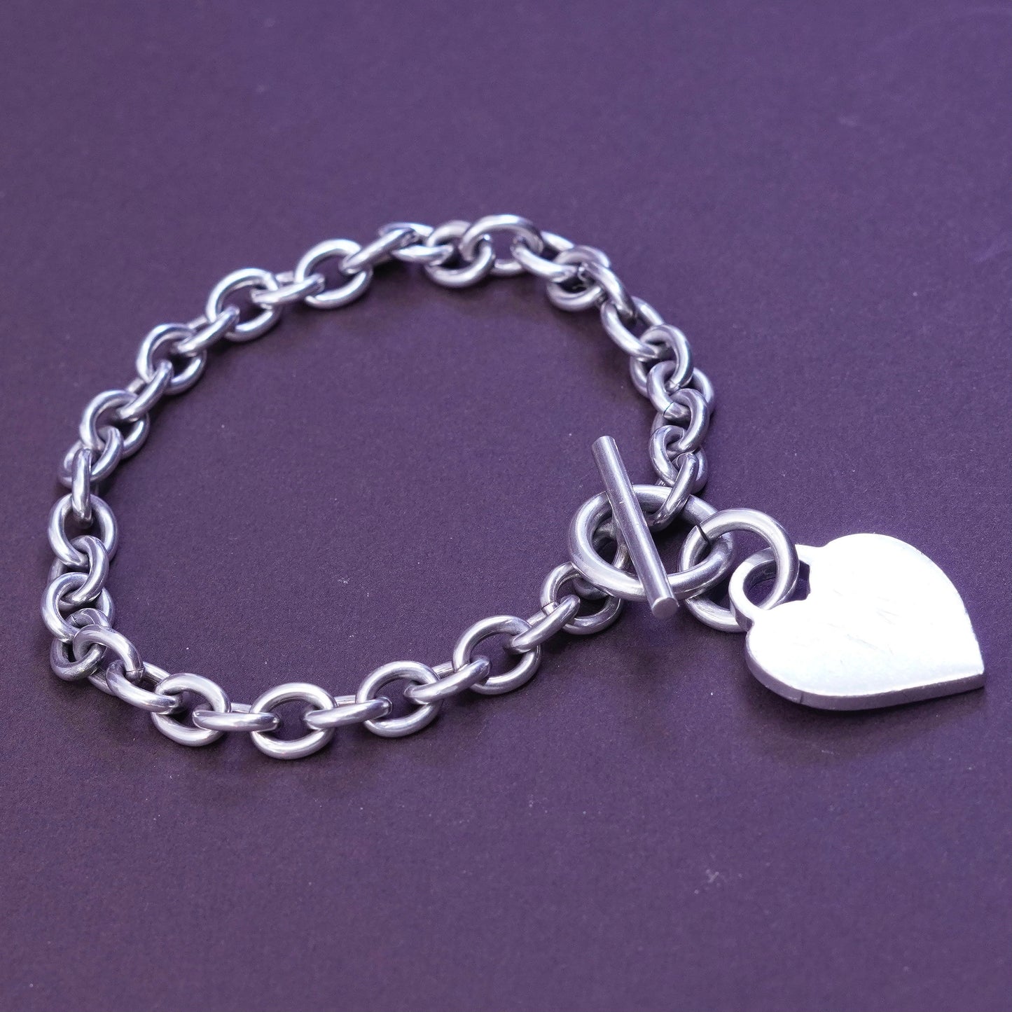 6.75”, Sterling silver handmade charm bracelet, 925 circle chain heart charm