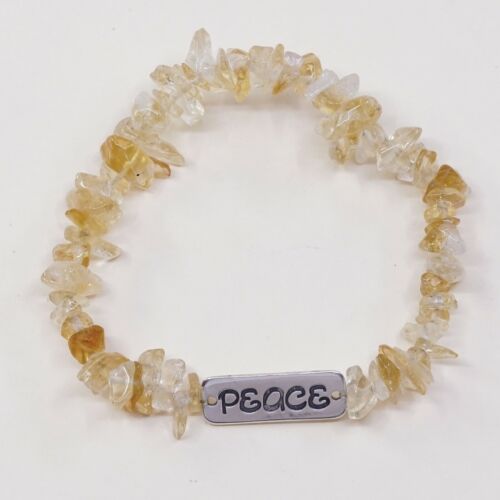 Vtg Elastic Bracelet W/ Sterling 925 Silver Tag Engraved Peace N Citrine Beads