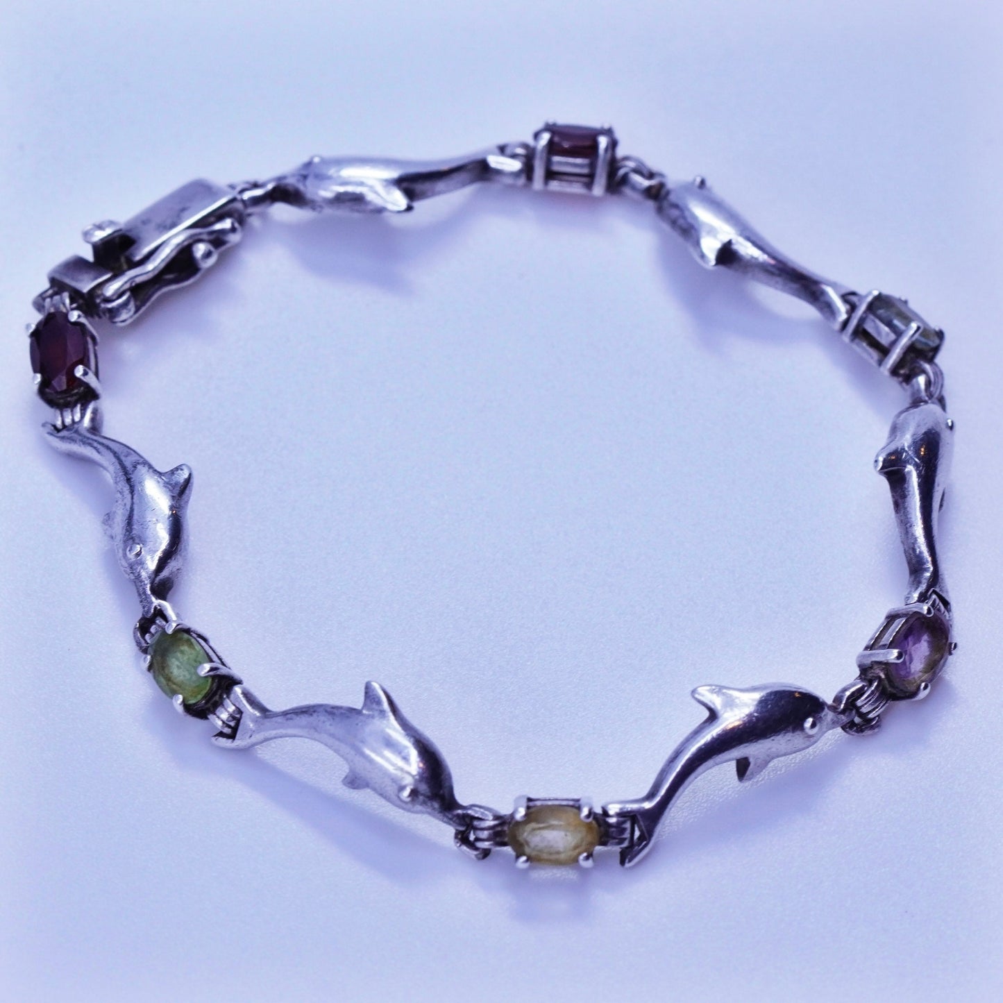 7”, Sterling 925 silver tennis bracelet dolphin topaz ruby amethyst peridot