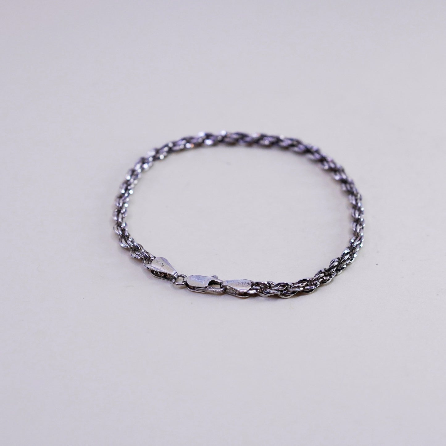 7.5”, 4mm, Vintage sterling 925 silver Italy rope chain bracelet