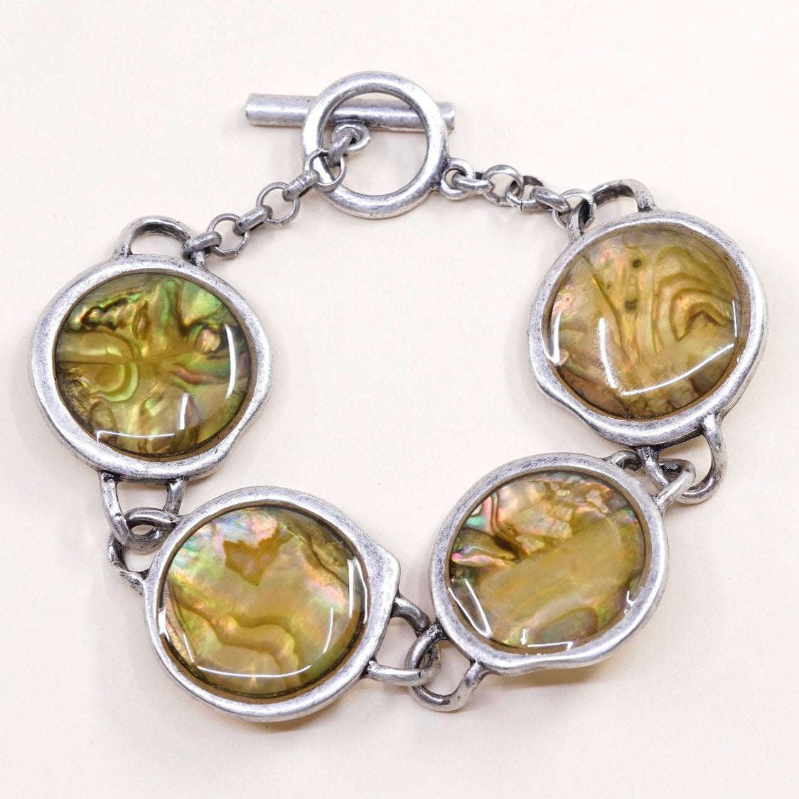 6.75”, VTG sterling silver handmade bracelet, 925 toggle closure w/ abalone