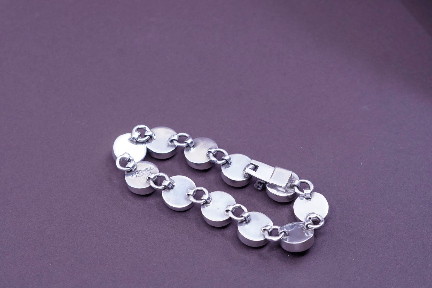 7.25”, vtg Sterling silver handmade bracelet, Mexico 925 with round obsidian