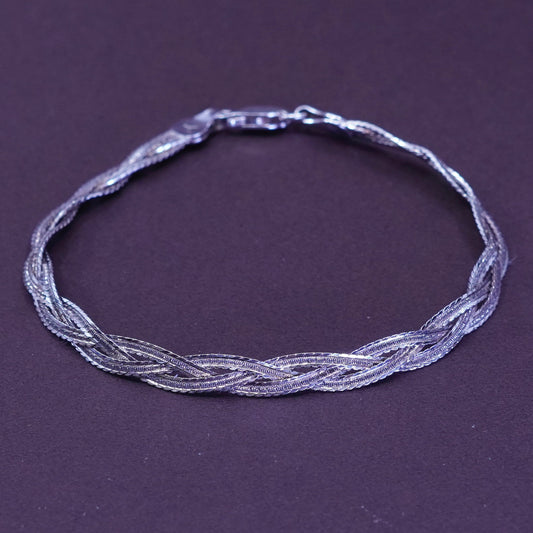 7.25”, Sterling silver braided woven herringbone chain, 3 strands 925 bracelet
