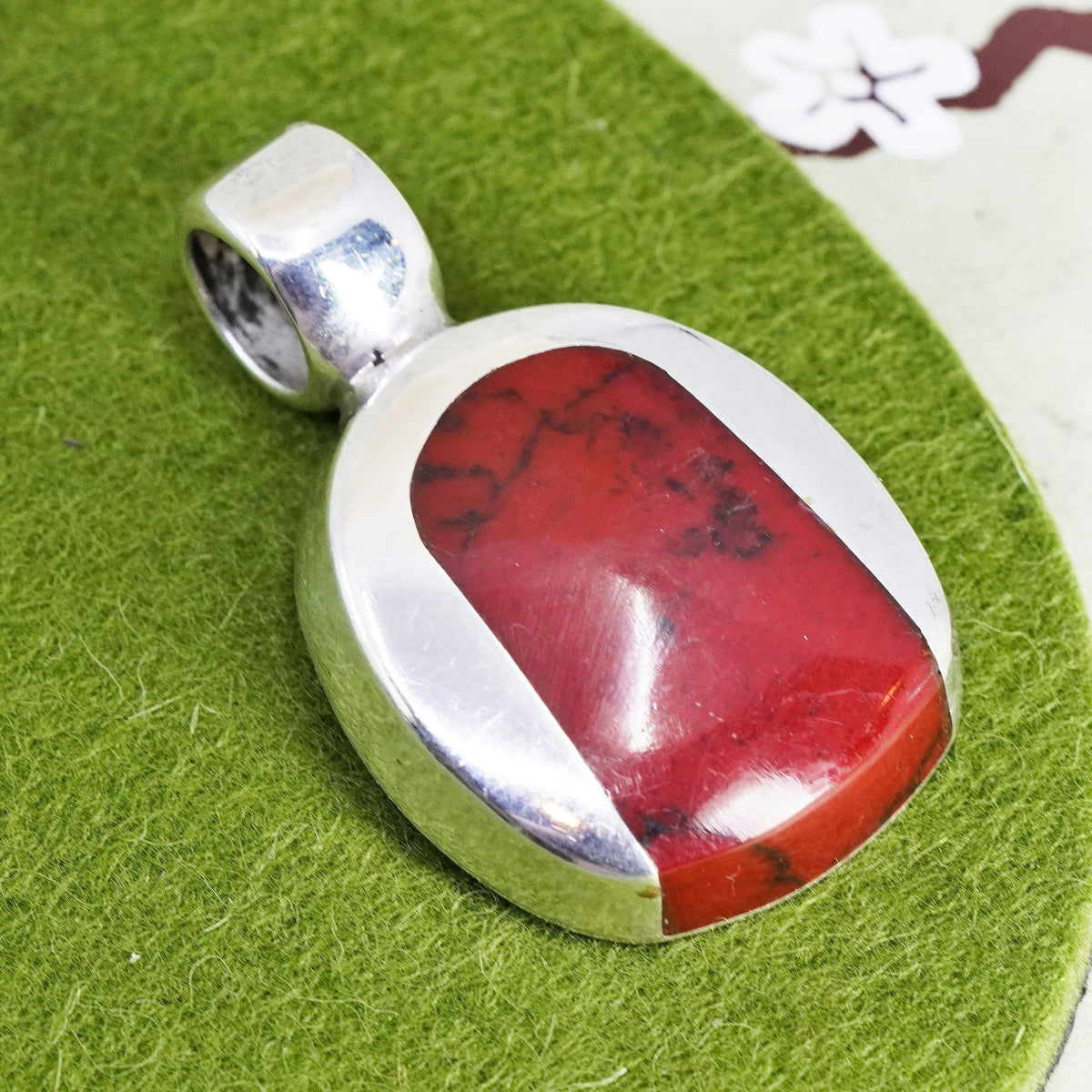 Vintage Mexico sterling 925 silver handmade pendant with red jasper