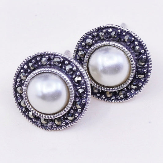 Vintage sterling silver earrings, 925 square studs with pearl and marcasite