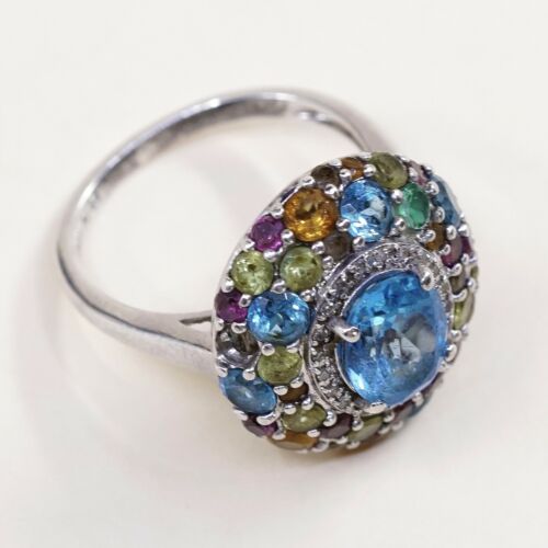 Sz 7.5, Vtg Sterling silver Engagement ring, 925 W/ Colorful Cluster Crystal