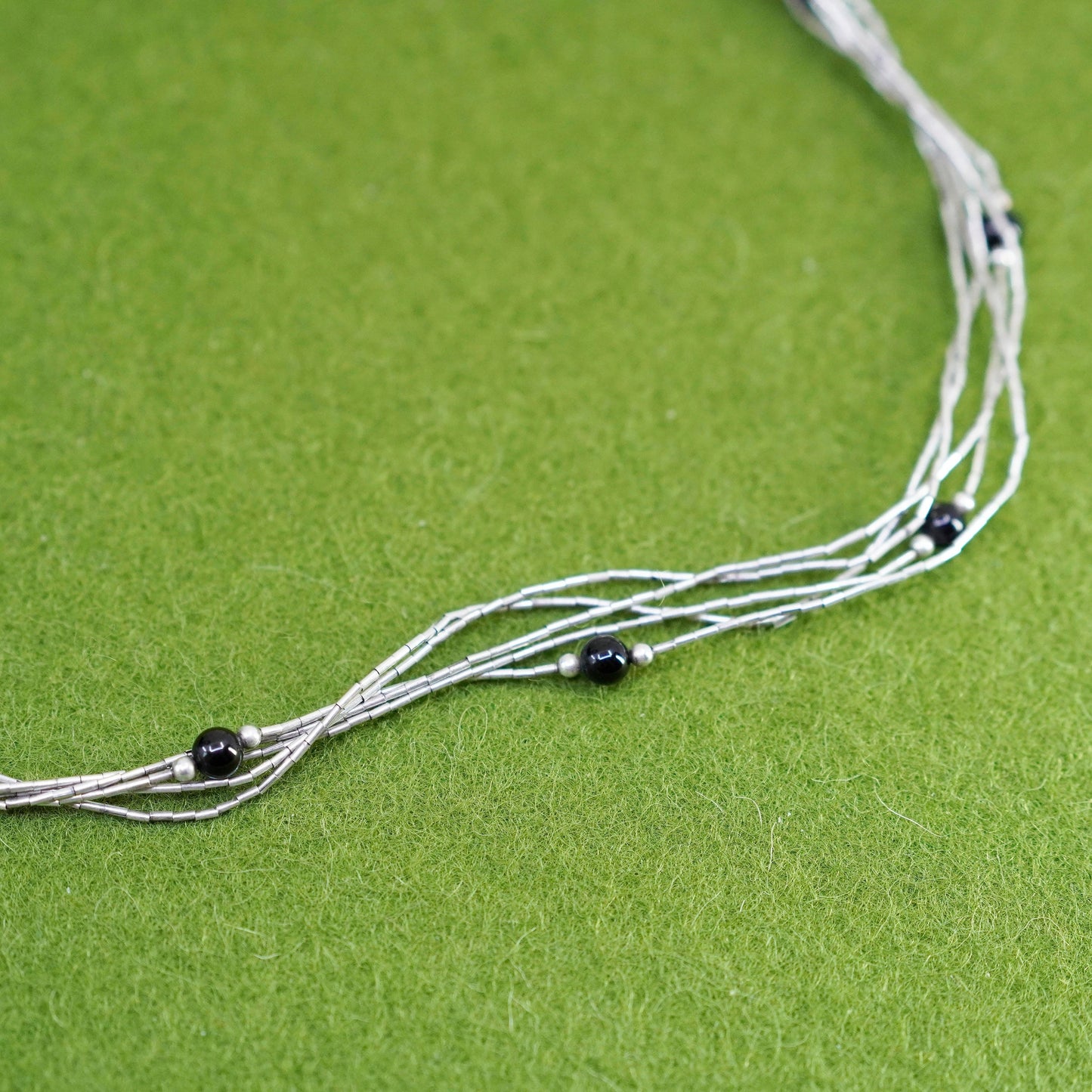 24”, Native American Liquid Sterling 925 Silver necklace chain obsidian beads
