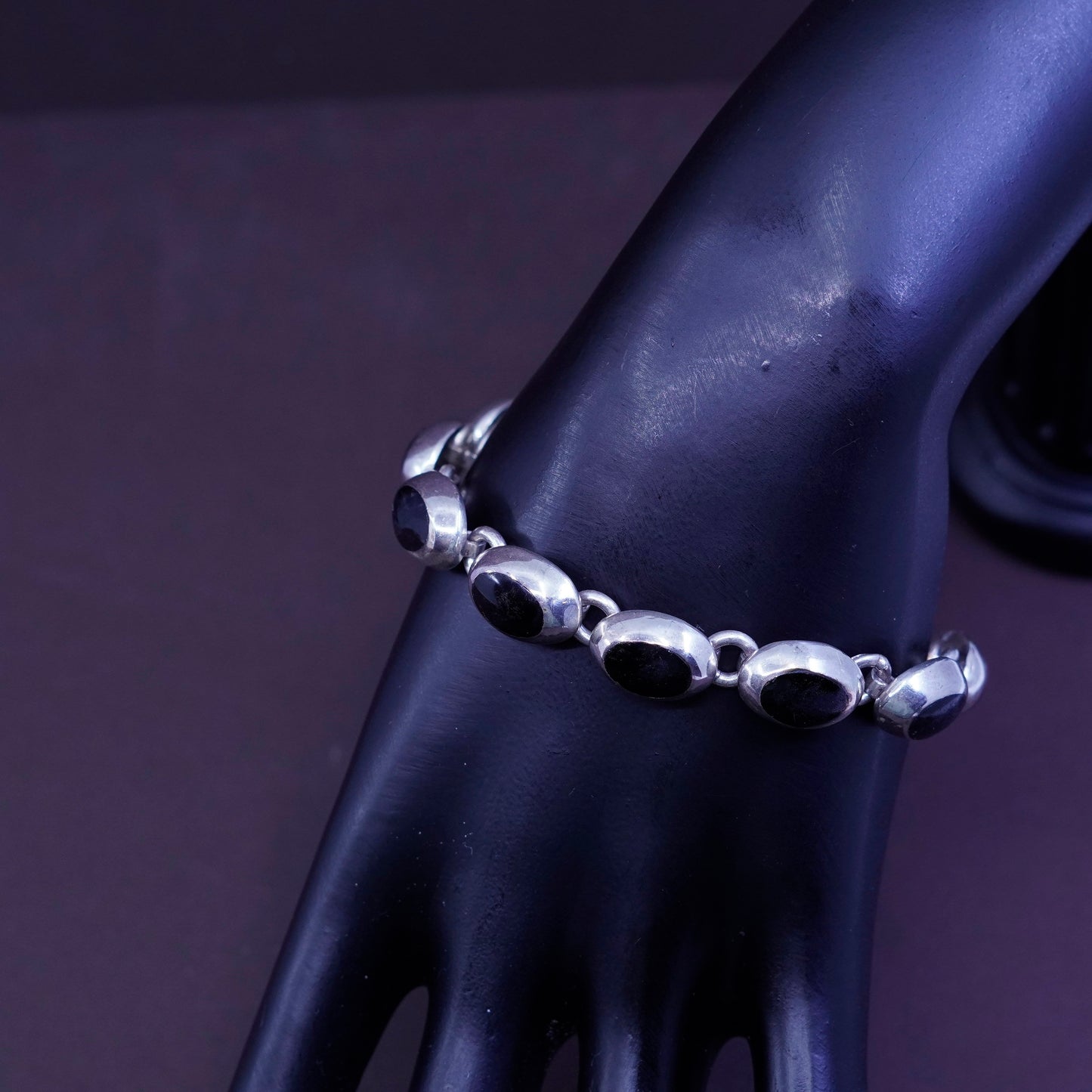 7”, vintage Sterling silver handmade bracelet, Mexico 925 with oval obsidian