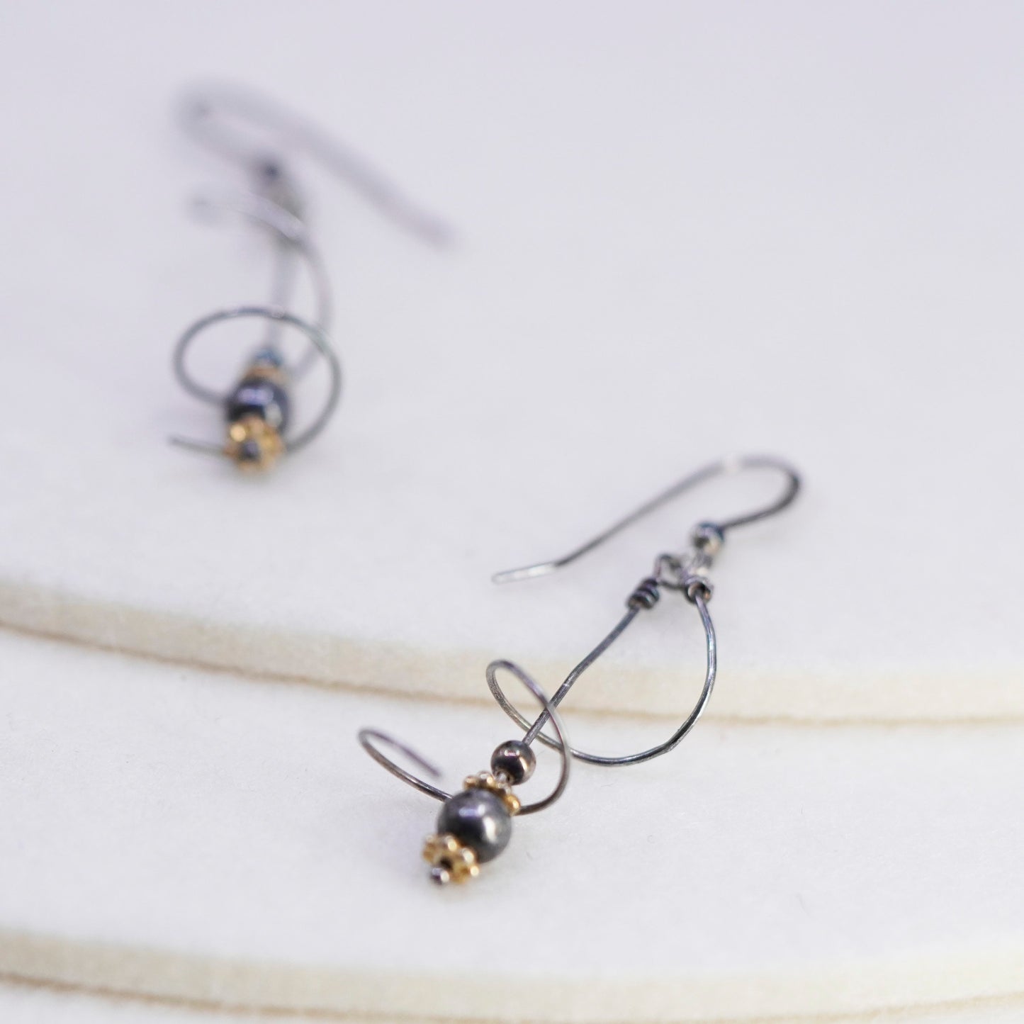 Vintage Sterling 925 silver handmade twisted earrings drop with gold beads