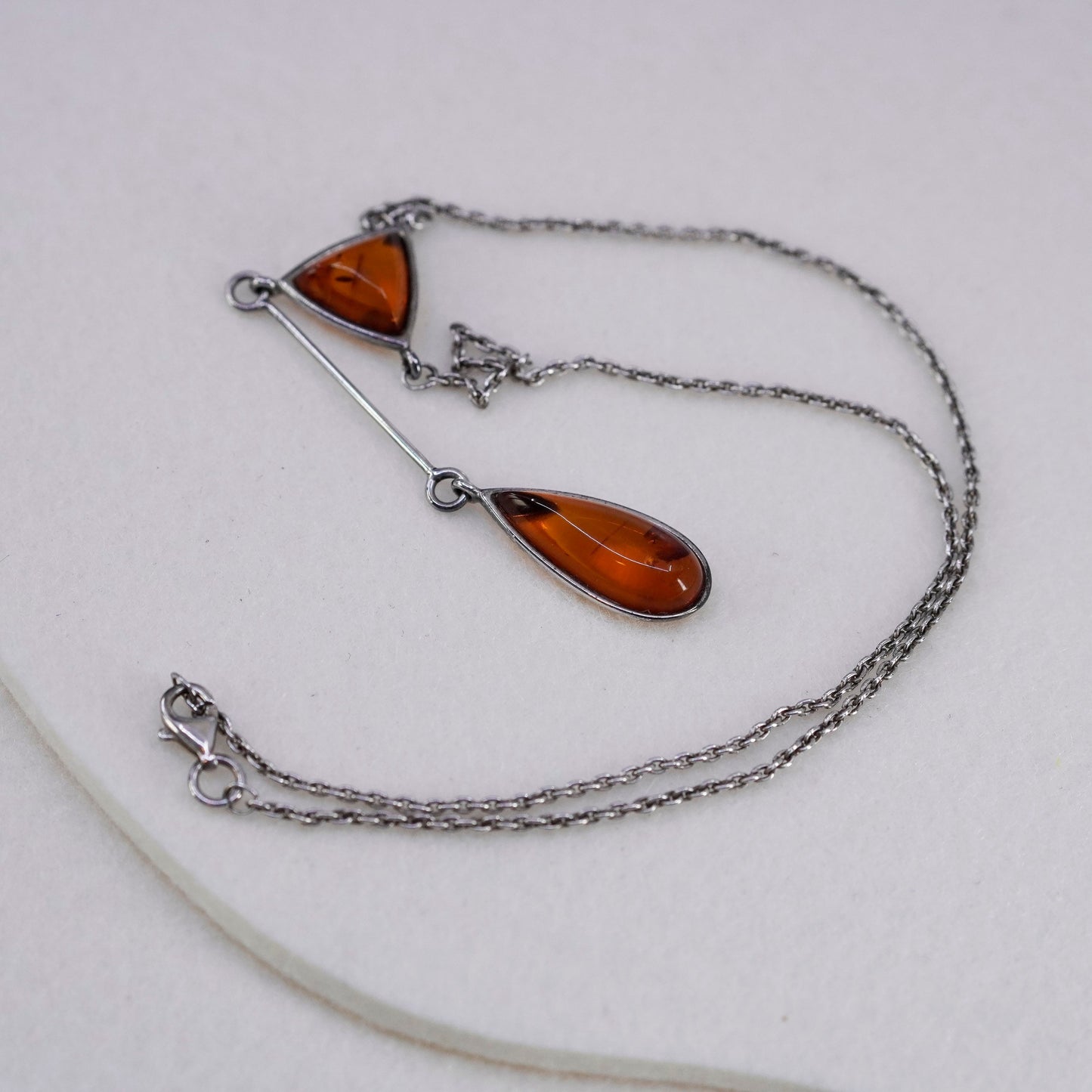 16”, vintage Sterling silver necklace, 925 circle chain with amber pendant