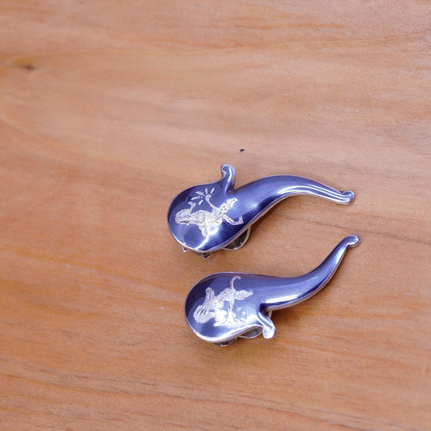 Siam sterling silver clip on earrings, 925 teardrop earrings, niello, Siam
