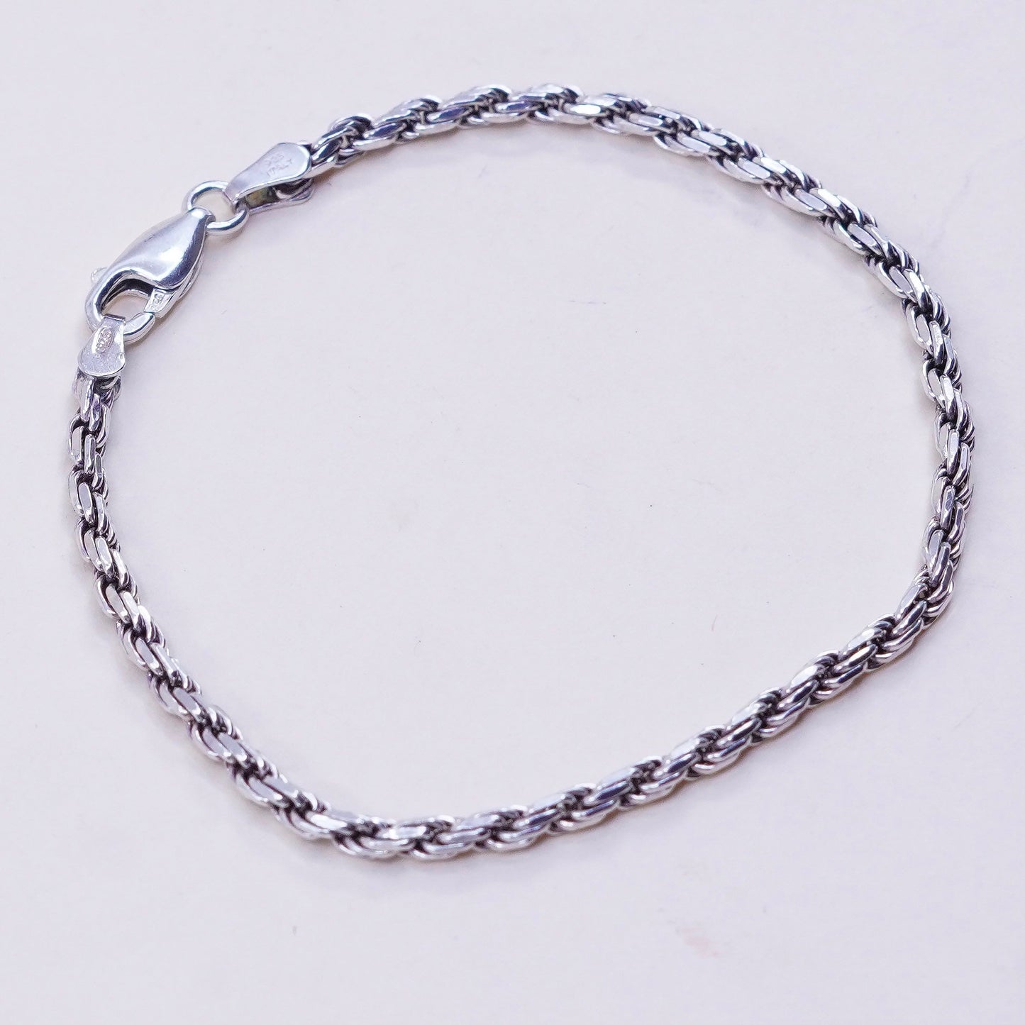6.75”, 2mm, Vintage sterling 925 silver Italy rope chain bracelet