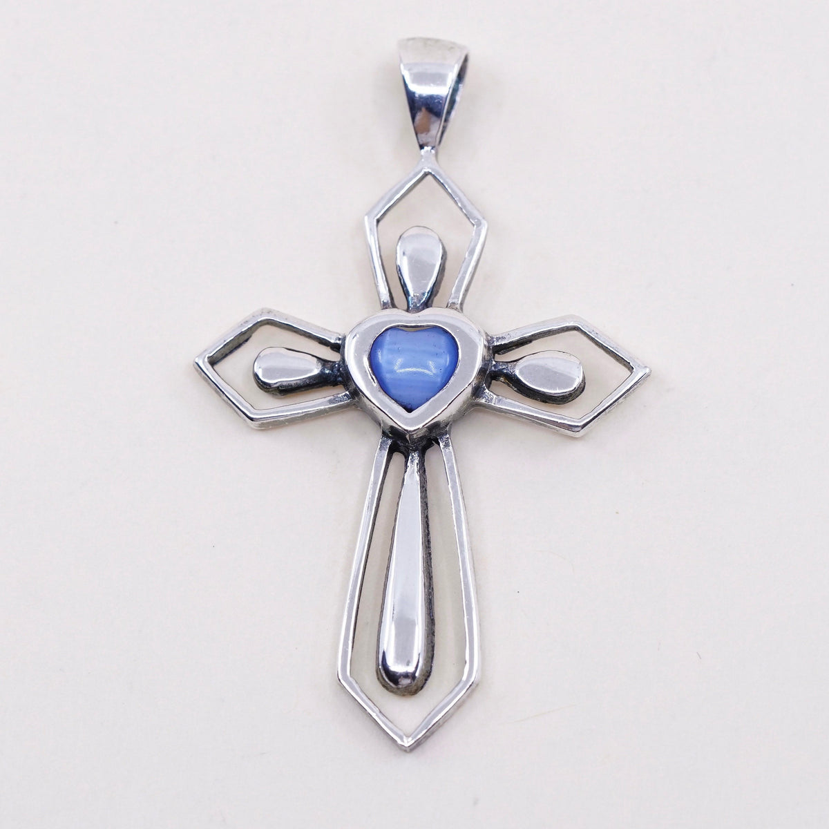 Vintage Sterling silver handmade pendant, Mexican 925 cross with blue tiger eye