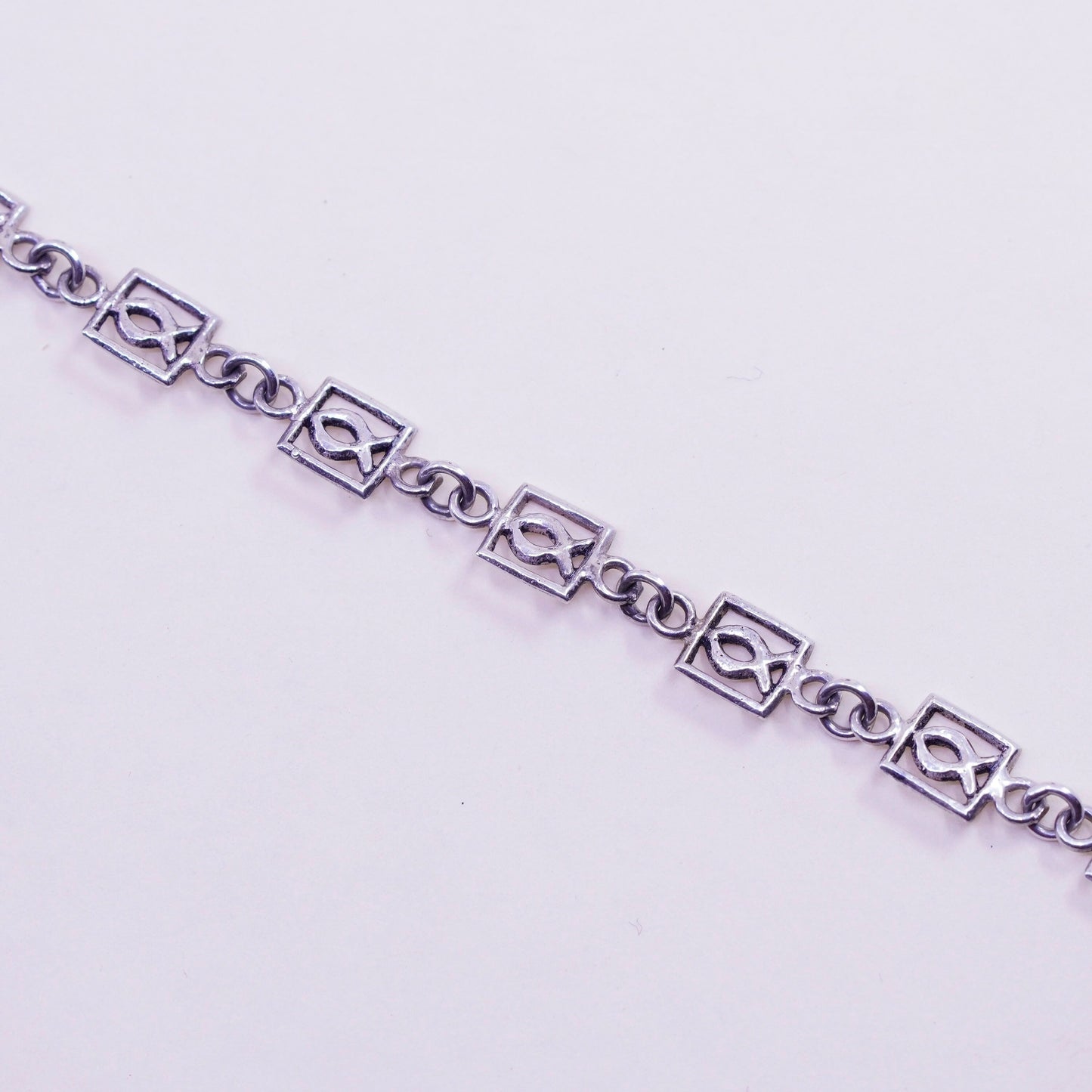 7.5”, Vintage sterling silver handmade bracelet, 925 silver fish link chain
