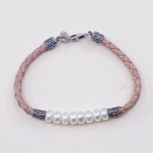 7”, Vtg Sterling Silver Handmade Bracelet, Pink Leather W/ Pearl N 925 Beads
