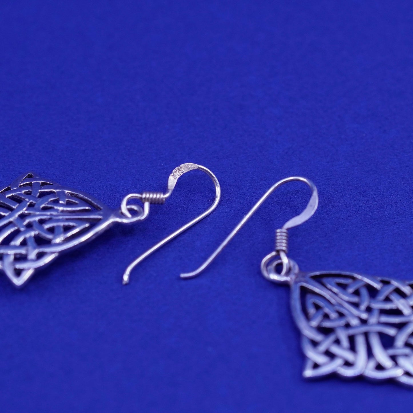 Vintage sterling silver handmade earrings, 925 filigree knot Irish drop