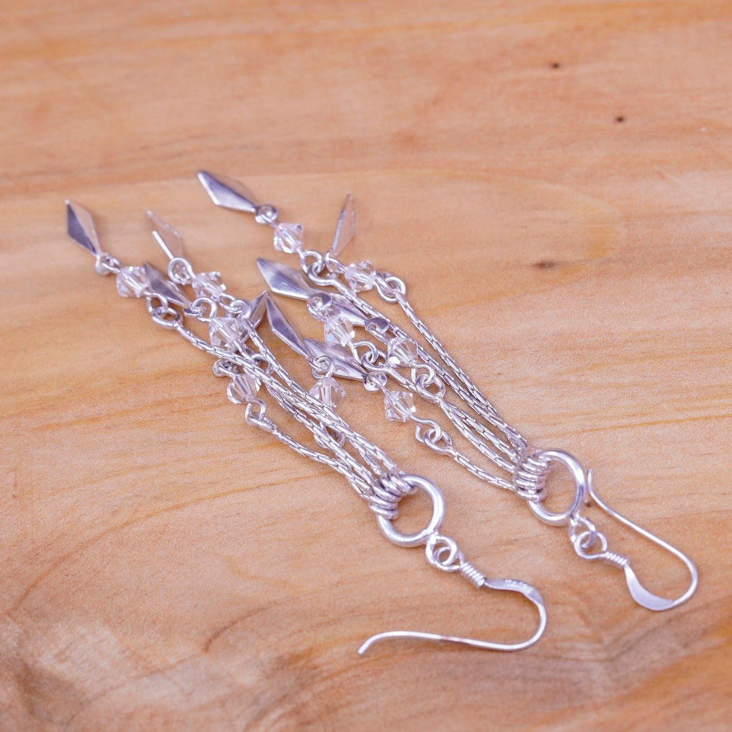 Vintage Sterling 925 silver handmade earrings with crystal and fringe dangles