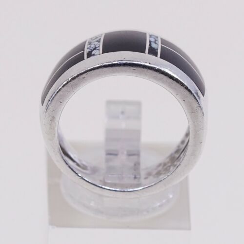 Sz 6.25, Zuni Sterling Silver Handmade Ring, 925 Band W/ Obsidian N Turquoise