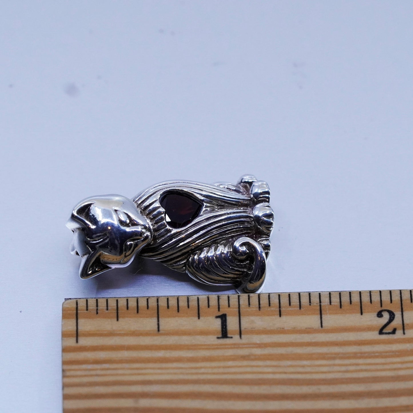 antique sterling 925 silver cat kitty pendant brooch with heart ruby