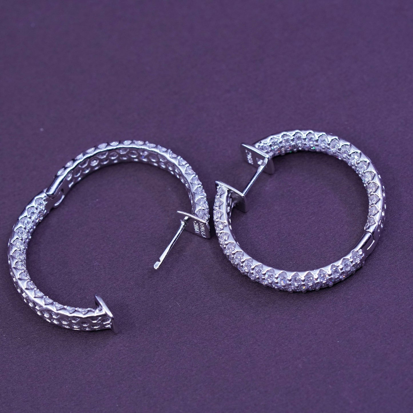 1.25”, vintage Sterling silver handmade earrings, 925 hoops with cluster Cz