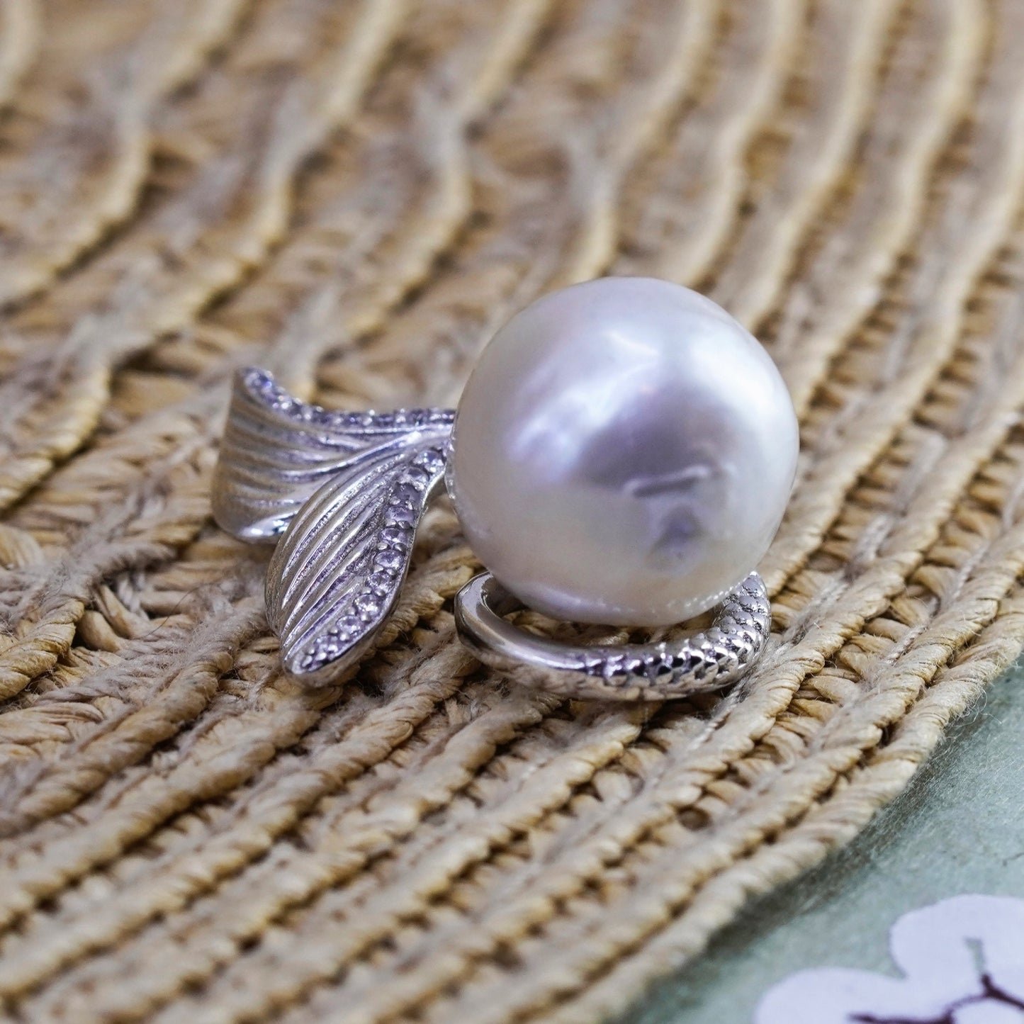 Vintage Sterling 925 silver double heart fish mermaid tail pendant w/ pearl cz
