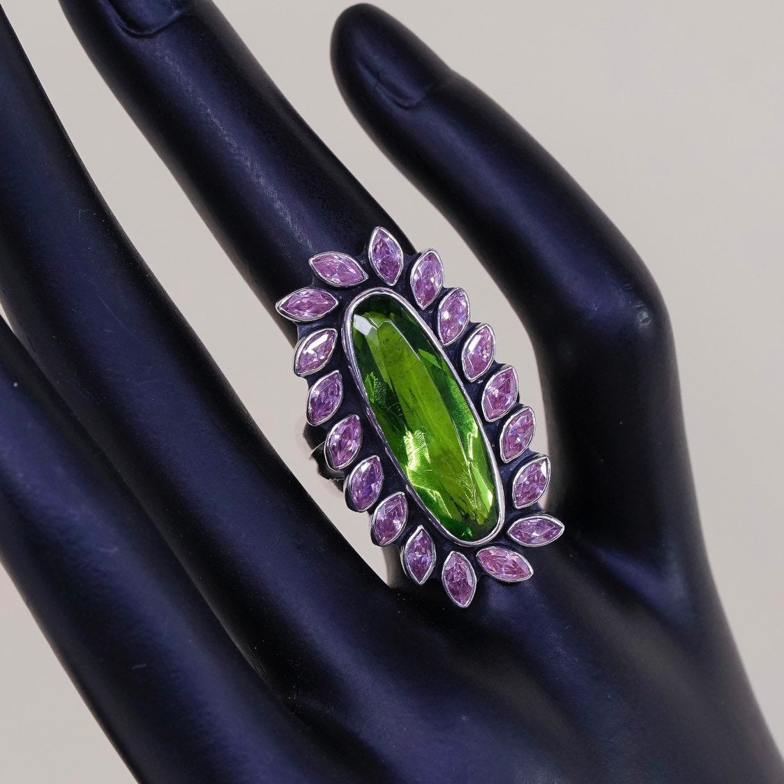 sz 6.25, sterling 925 silver handmade statement ring, peridot n pink crystal