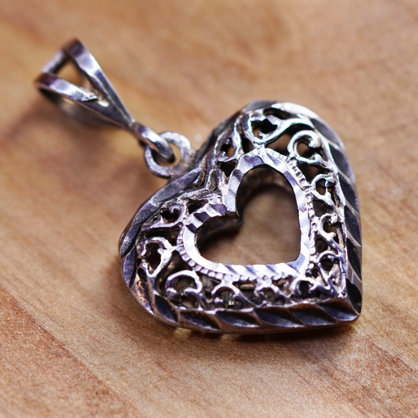 Vintage Sterling silver handmade pendant, 925 filigree puffy heart