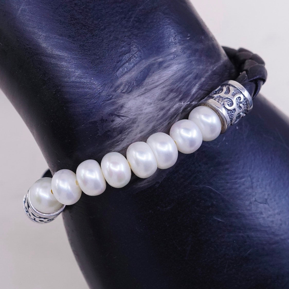 6", woven black leather, 925 Mexico Sterling silver bracelet w/ pearl N elastic