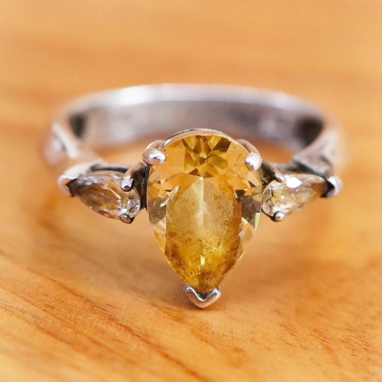 Size 8, vintage Sterling 925 silver handmade ring with teardrop citrine and cz