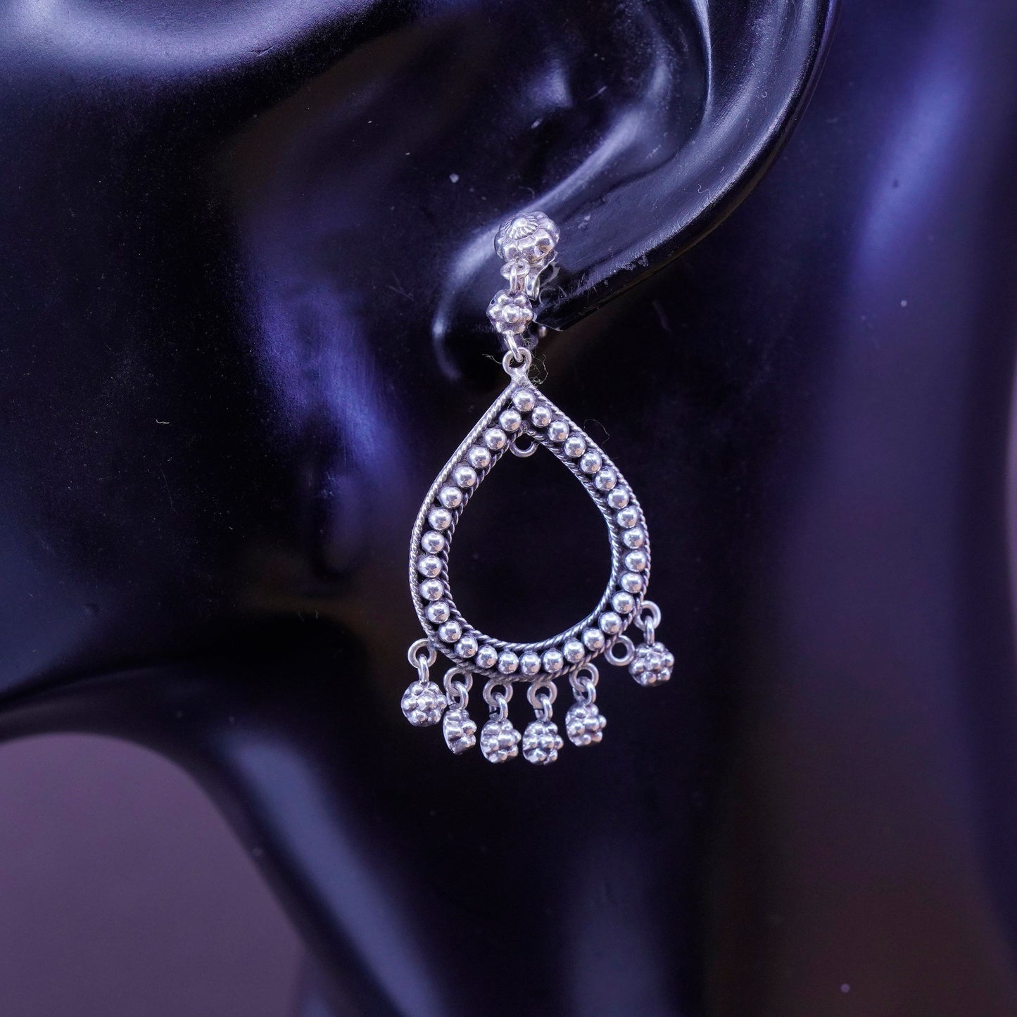 Sterling silver earrings, 925 teardrop with beads details and flower dangles