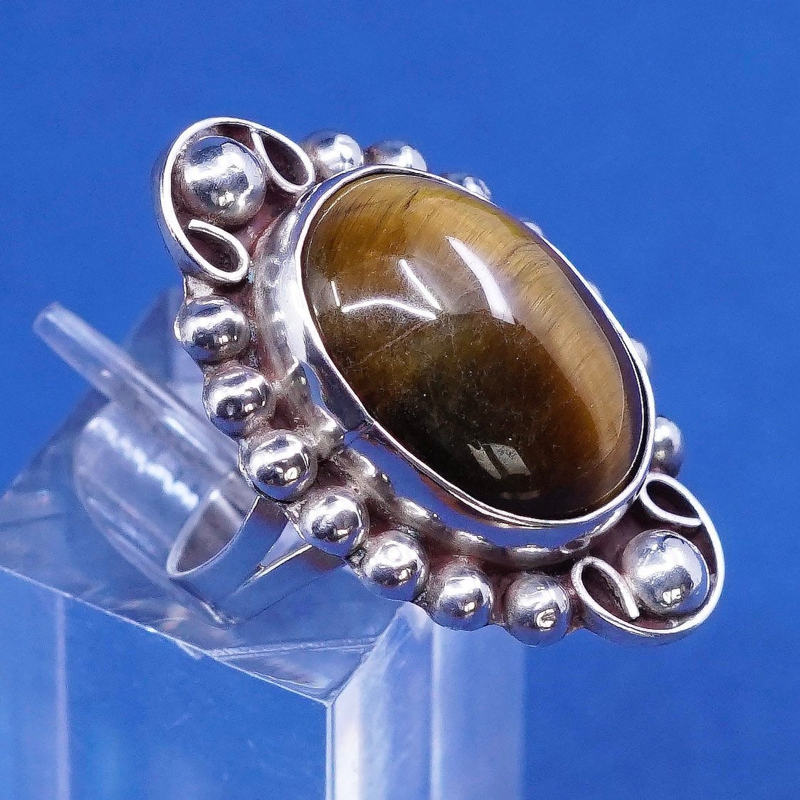 sz 5, vtg mexico Sterling 925 silver handmade ring w/ golden tiger eye N beads