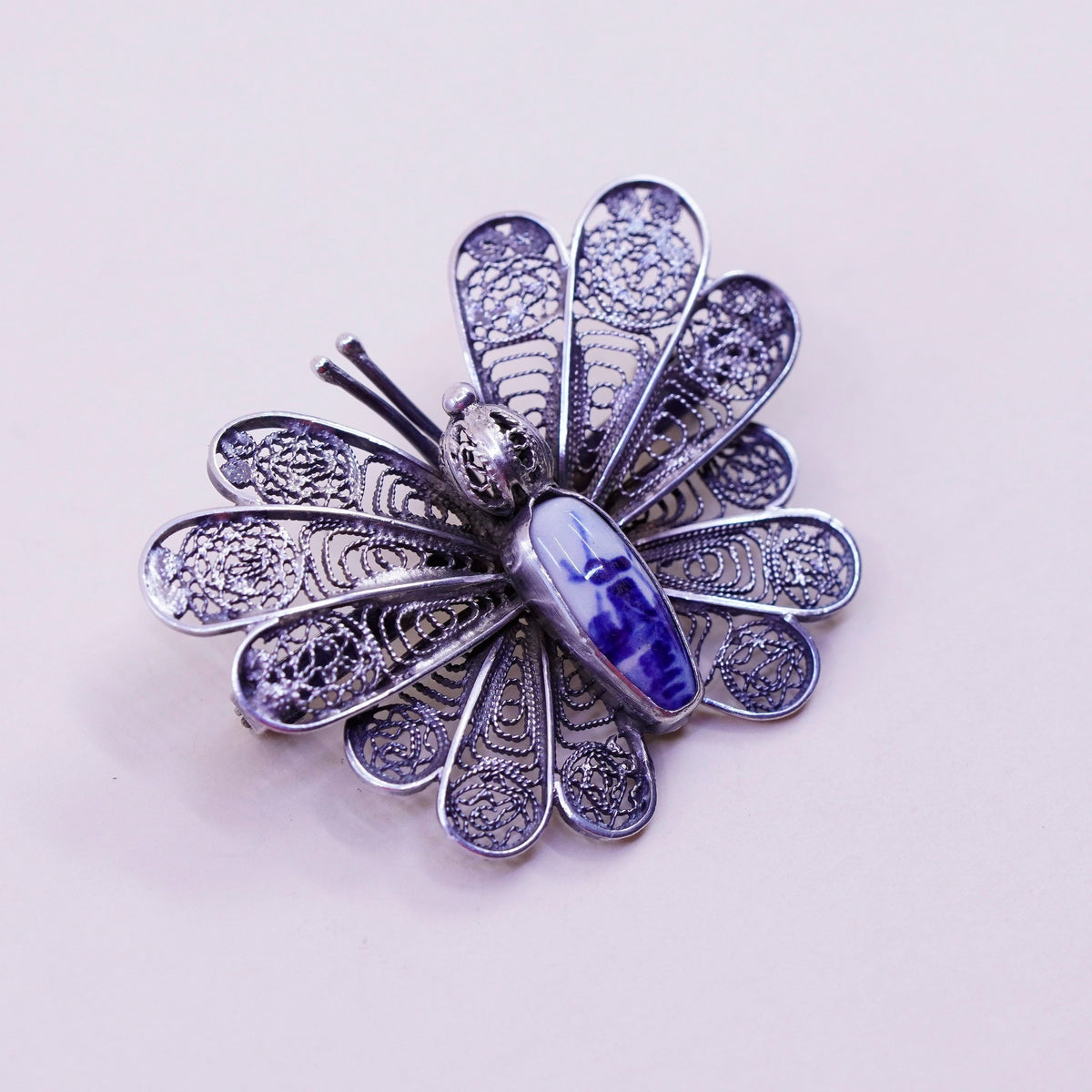 Holland Delft Windmill .925 Sterling Silver filigree Bezel butterfly Pin Brooch