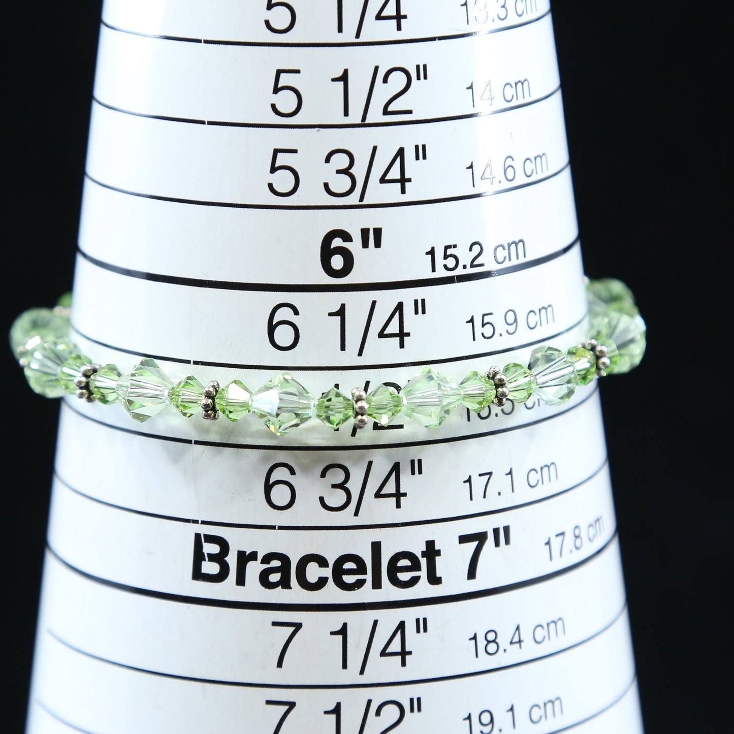 6.5”, vtg sterling silver handmade bracelet, 925 w/ green crystal beads